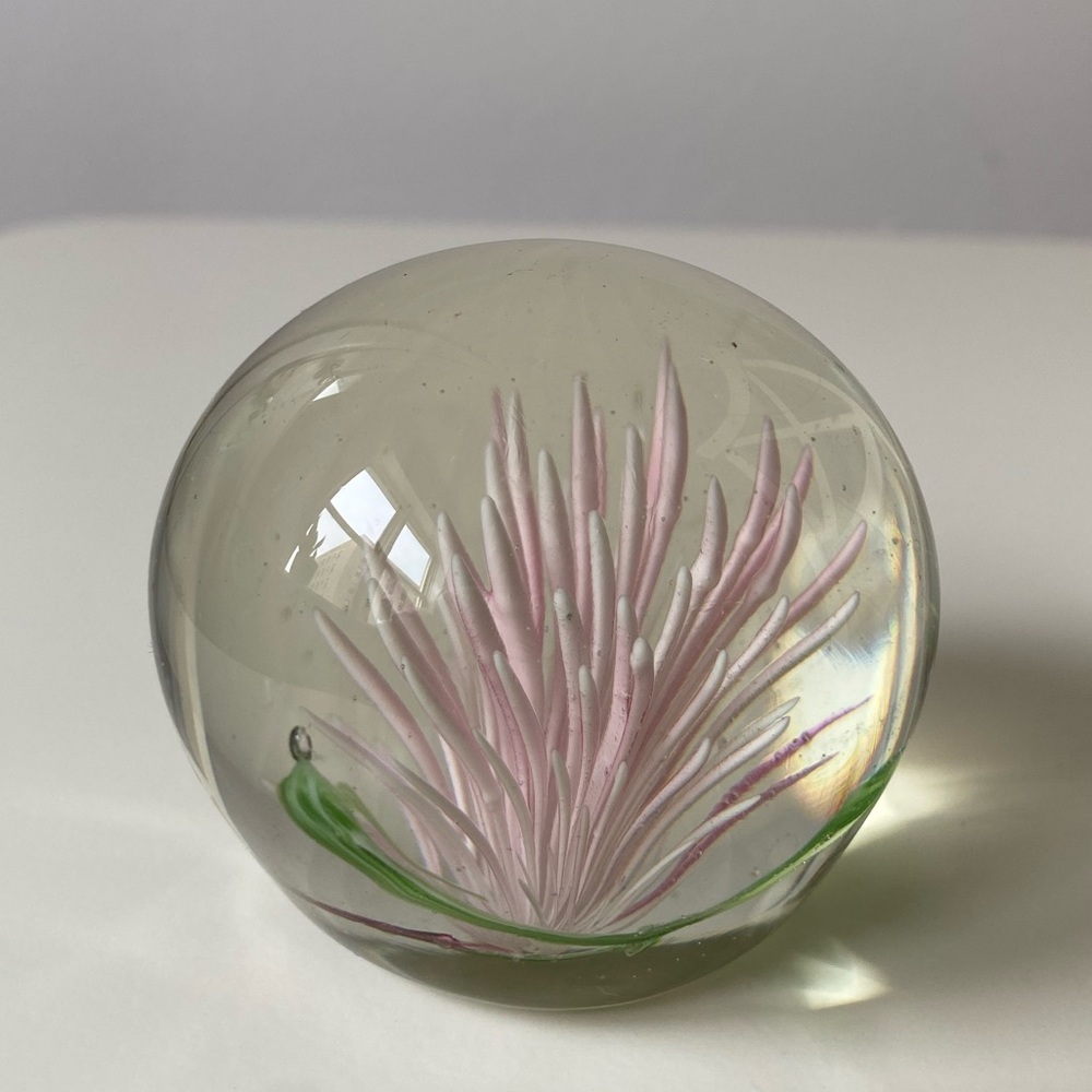 Vintage Pink Floral Chrysanthemum Floral Glass Paperweight